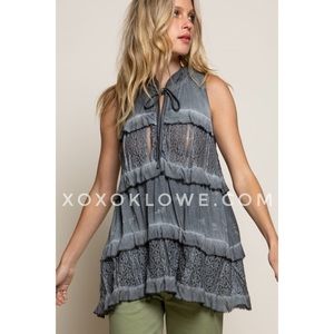 POL Charcoal Hand Dyed Ruffle + Lace Sleeveless Tunic Blouse